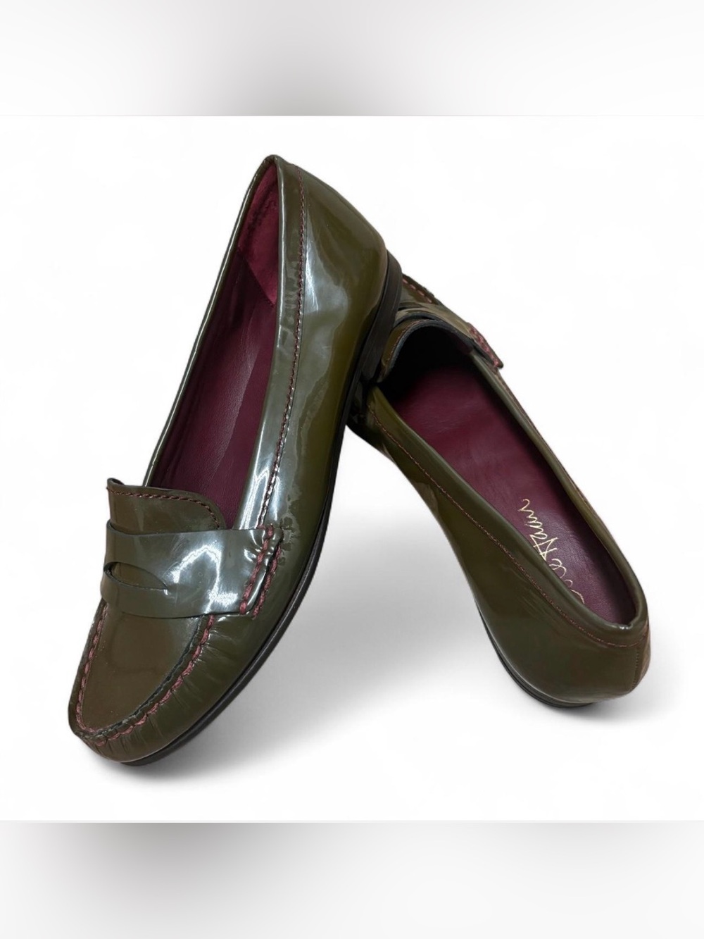 Rare Vintage Y2K Cole Haan Nike Air Olive Patent Leather Penny Loafers Size 8